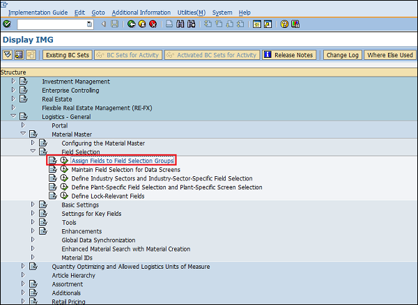 SAP Configuration field selection