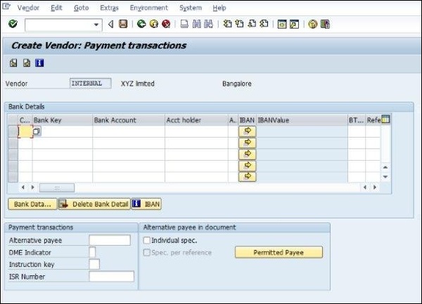 SAP Vendor Bank Details