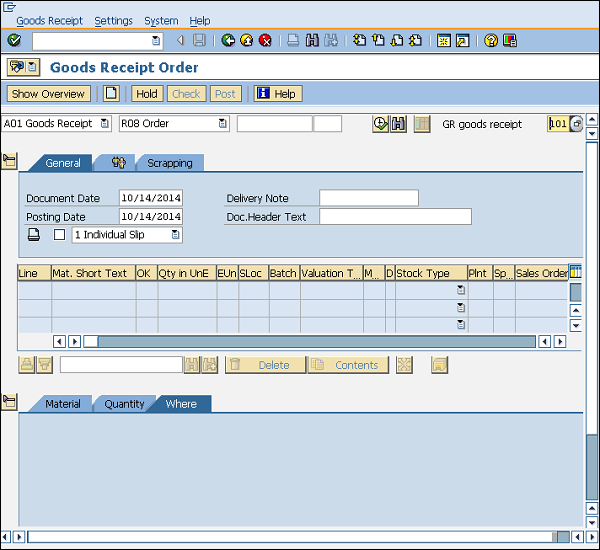 SAP goods receipt detail
