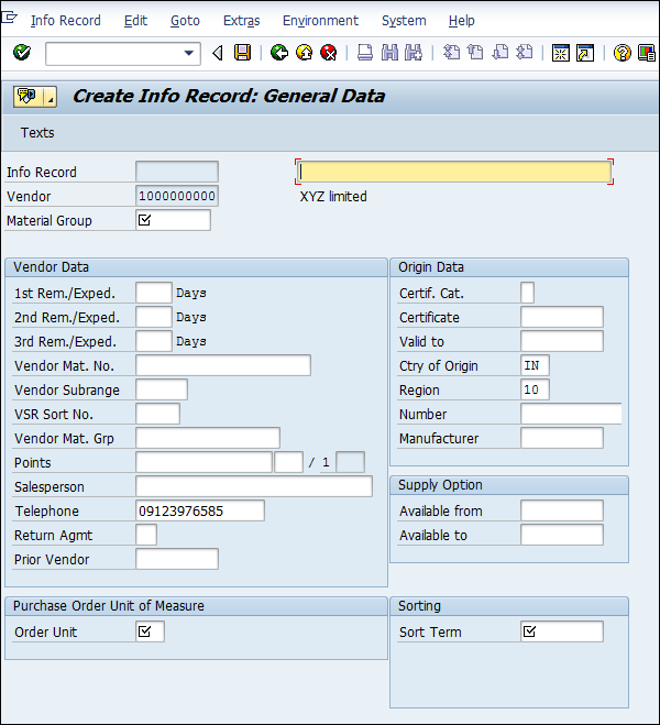 SAP Info Record detail