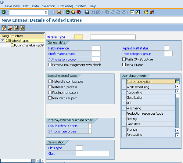 SAP Material Types Entry Details 