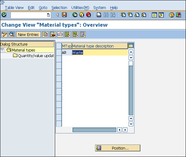 SAP Material Types New Entry