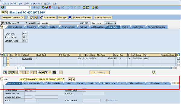 SAP Purchase Order Item tab