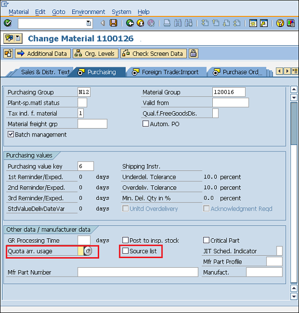 SAP quota arr setting