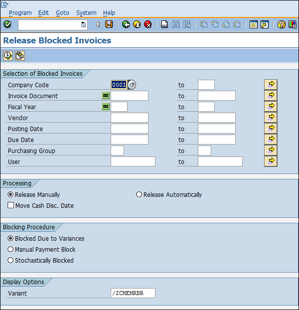 SAP release block invoice entry