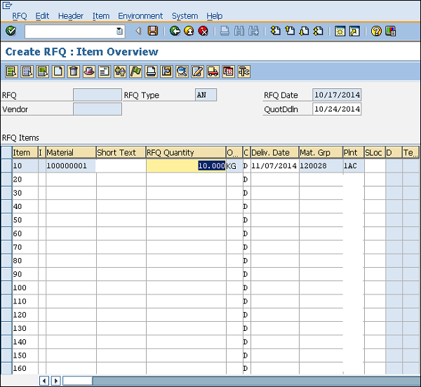 SAP rfq material