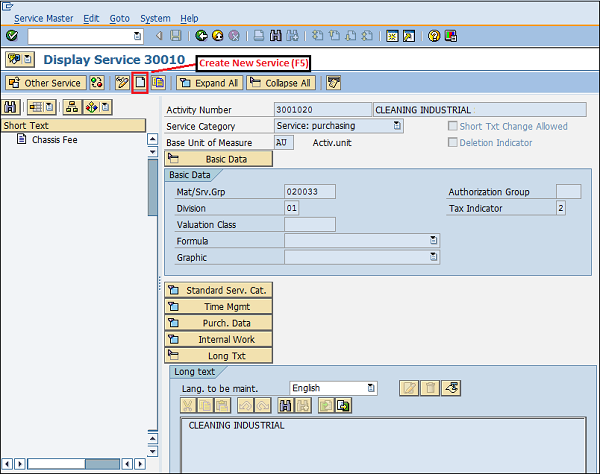 SAP Service master new entry