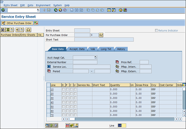 SAP Service sheet detail