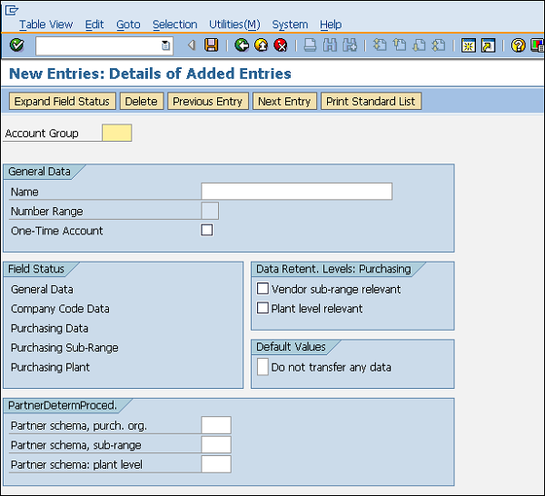 SAP Vendor entry details