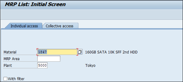 MRP List Initial Screen