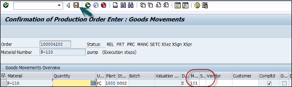 Save Confirmation of Production Order