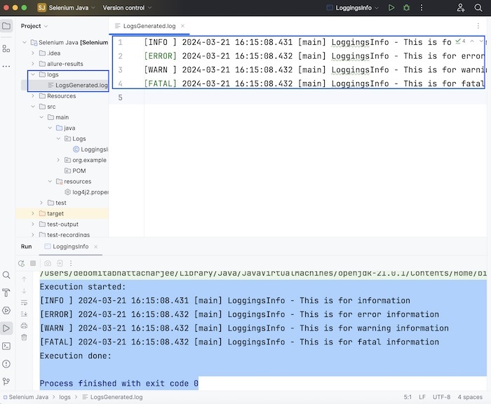 Selenium Log4j Logging 2