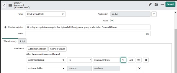 UI Policy Advanced View