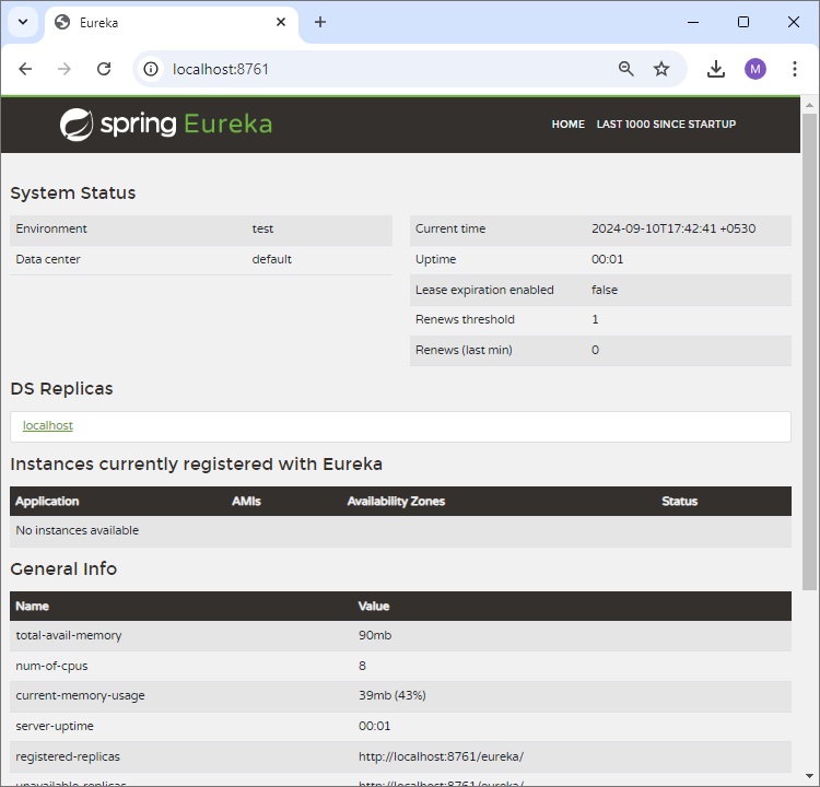 Eureka Server Running on port 8761