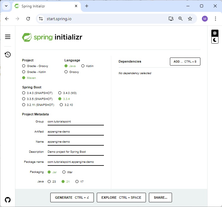 Spring Initializer Page