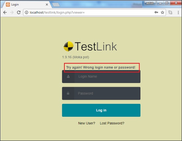 Unsuccessful Login into TestLink