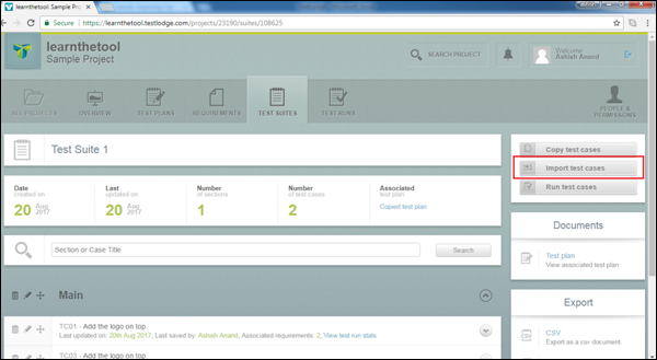 Import Test Cases Button