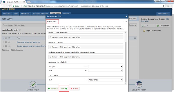 3rd Step of Import Test Case