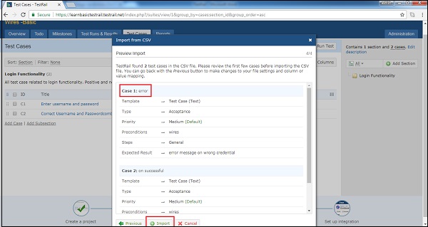 4th Step of Import Test Case