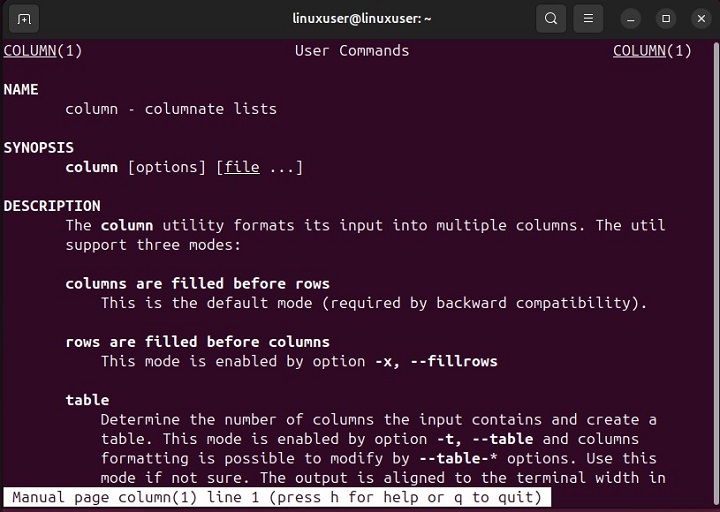 Accessing column Command Manual Page