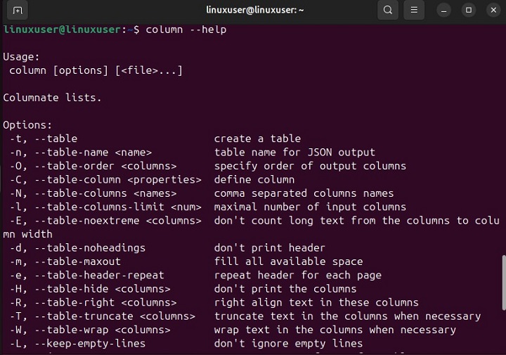 Accessing column Command Manual Page 2