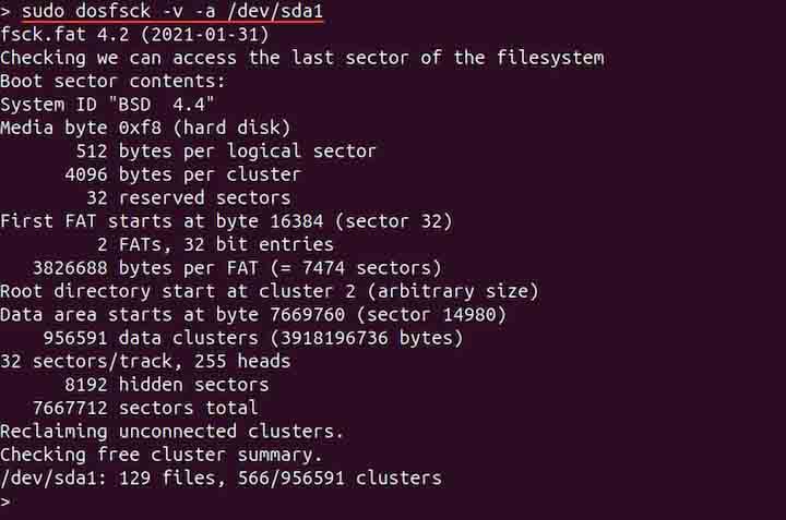 Checking DOS Filesystem in Verbose