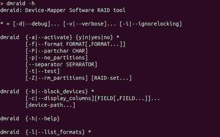 Displaying Help dmraid Command