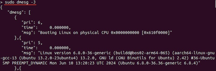 dmesg Command Output in JSON Format